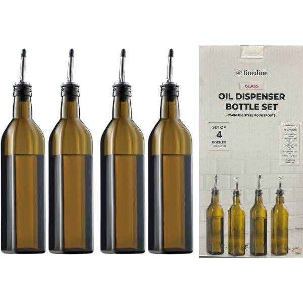 FineDine 4Pack Oil Dispenser Set - #BROWN.FD-G2101/4 - 17OZ Glass Bottles, Labels, Funnel, Spouts and More - 4 Sets For $32.00