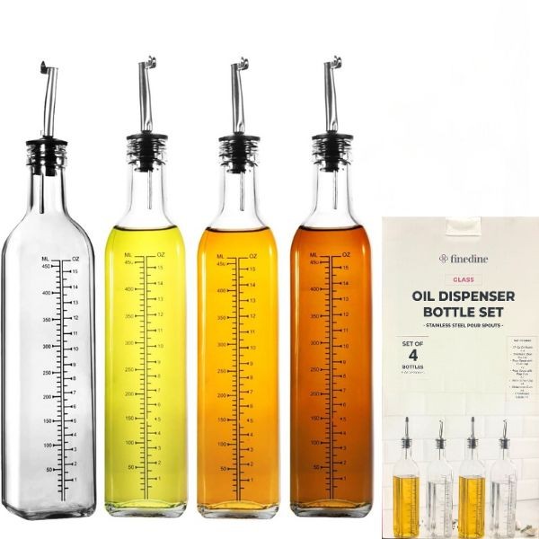 FineDine 4Pack Oil Dispenser Set - #CLEAR.FD-G2103/4 - 17OZ Glass Bottles, Labels, Funnel, Spouts and More - 4 Sets For $32.00