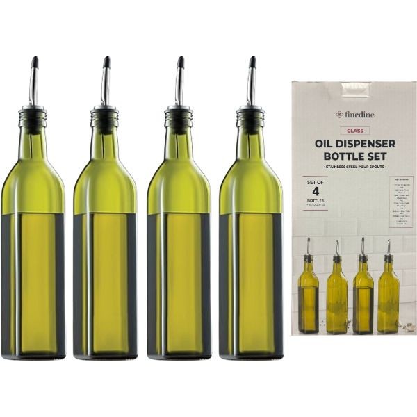 FineDine 4Pack Oil Dispenser Set - #GREEN.FD-G2102/4 - 17OZ Glass Bottles, Labels, Funnel, Spouts and More - 4 Sets For $32.00
