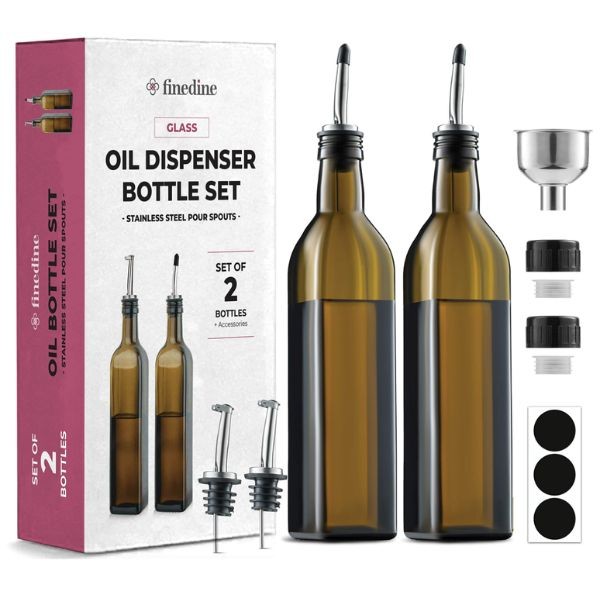 FineDine 2Pack Oil Dispenser Set - #BROWN.FD-G2101/2 - 17OZ Glass Bottles, Labels, Funnel, Spouts and More - 6 Sets For $36.00