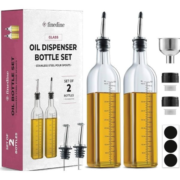 FineDine 2Pack Oil Dispenser Set - #CLEAR.FD-G2103/2 - 17OZ Glass Bottles, Labels, Funnel, Spouts and More - 6 Sets For $36.00