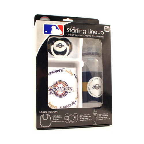 Closeout - Milwaukee Brewers Merchandise - 3PC Baby Set - Bib, Bottle, Pacifier - 12 Sets For $96.00 - Wholesale Milwaukee Brewers Products - Brewers Merchandise