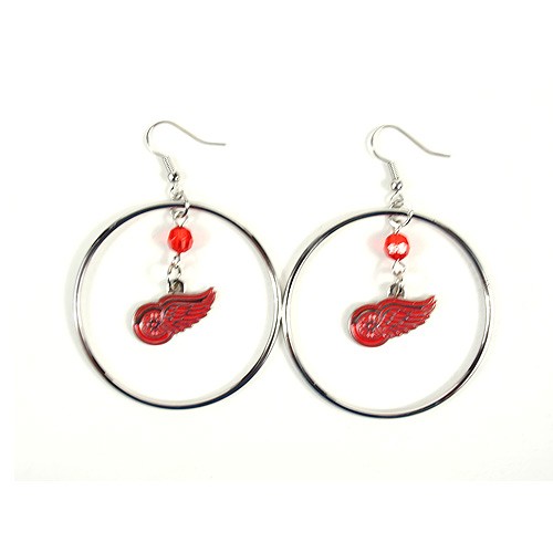 Detroit Red Wings Earrings - 2" Color Bead Hoop Earrings - 12 Pair For $42.00 - Detroit Red Wings