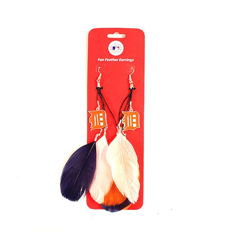 Detroit Tigers Earrings - Feather Dangle Style - $2.75 Per Pair - Wholesale Detroit Tigers Products - Tigers Merchandise