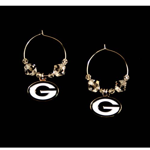 Green Bay Packers Earrings - Clear Bead HOOP Style Dangle Earrings - 12 Pair For $54.00 - Wholesale Green Bay Packers Products - Packers Merchandise