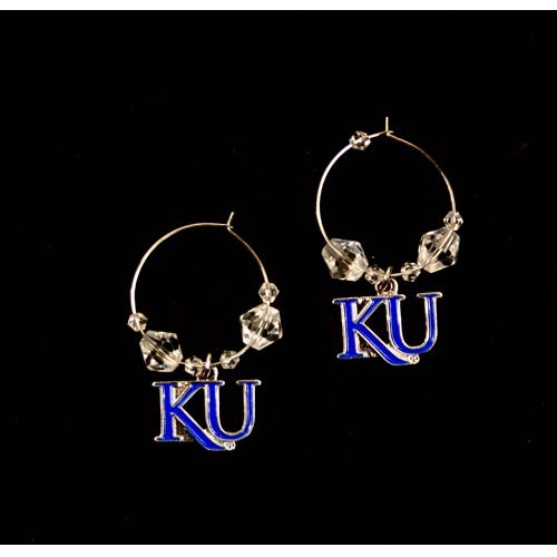 Kansas Jayhawks Earrings - Clear Bead HOOP Style Dangle Earrings - $5.00 Per Pair - Kansas Jayhawks